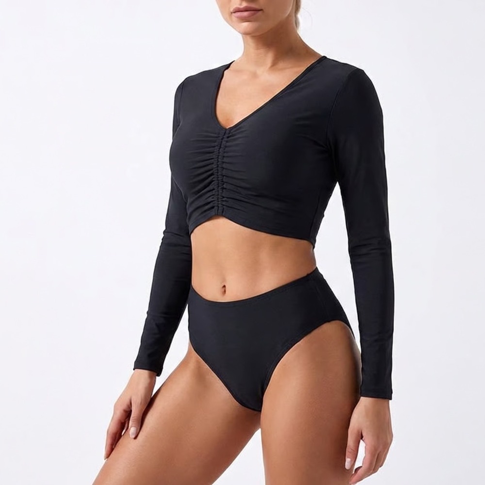 CALIA Womens LS Ruched Rashguard Pure Black UPF 50+ Swim Top XS - Picture 1 of 8